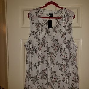 3X Flowery White Sleeves Tie Neck (Long) Blouse